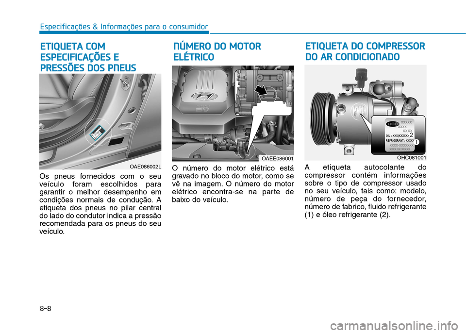 Hyundai Ioniq Electric 2017 Manual do proprietário (in Portuguese) 8-8
Especificações & Informações para o consumidor
Os pneus fornecidos com o seu
veículo foram escolhidos para
garantir o melhor desempenho em
condições normais de condução. A
etiqueta dos p Hyundai Ioniq Electric 2017 Manual do proprietário (in Portuguese) 8-8
Especificações & Informações para o consumidor
Os pneus fornecidos com o seu
veículo foram escolhidos para
garantir o melhor desempenho em
condições normais de condução. A
etiqueta dos p