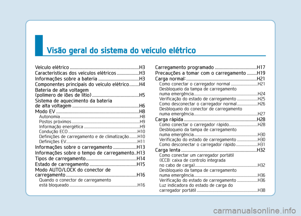Hyundai Ioniq Electric 2017  Manual do proprietário (in Portuguese) VViiss ãã oo   gg eerraa ll   dd oo   ss iiss ttee mm aa  dd oo   vv ee íícc uu lloo   ee lléé ttrr iicc oo
Veículo elétrico ........................................................H3 
Caracte
