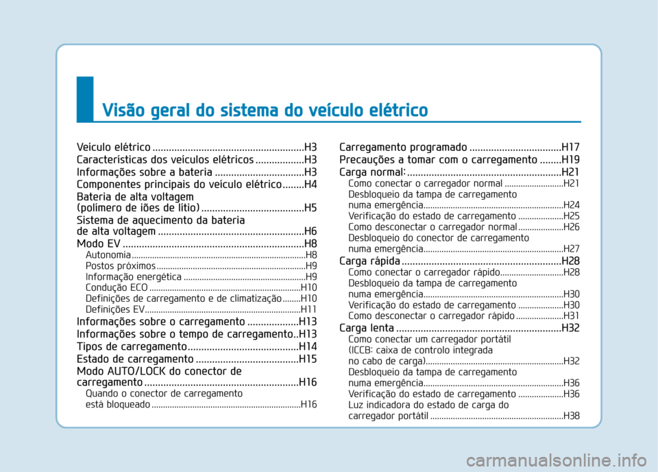 Hyundai Ioniq Electric 2017 Manual do proprietário (in Portuguese) VViiss ãã oo gg eerraa ll dd oo ss iiss ttee mm aa dd oo vv ee íícc uu lloo ee lléé ttrr iicc oo
Veículo elétrico ........................................................H3
Caracte Hyundai Ioniq Electric 2017 Manual do proprietário (in Portuguese) VViiss ãã oo gg eerraa ll dd oo ss iiss ttee mm aa dd oo vv ee íícc uu lloo ee lléé ttrr iicc oo
Veículo elétrico ........................................................H3
Caracte