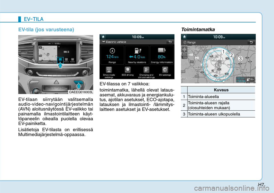 Hyundai Ioniq Electric 2017  Omistajan Käsikirja (in Finnish) H7
EV-tila (jos varusteena)EV-tilaan siirrytään valitsemalla 
audio-video-navigointijärjestelmän 
(AVN) aloitusnäytössä EV-valikko tai 
painamalla ilmastointilaitteen käyt-
töpaneelin oikeall