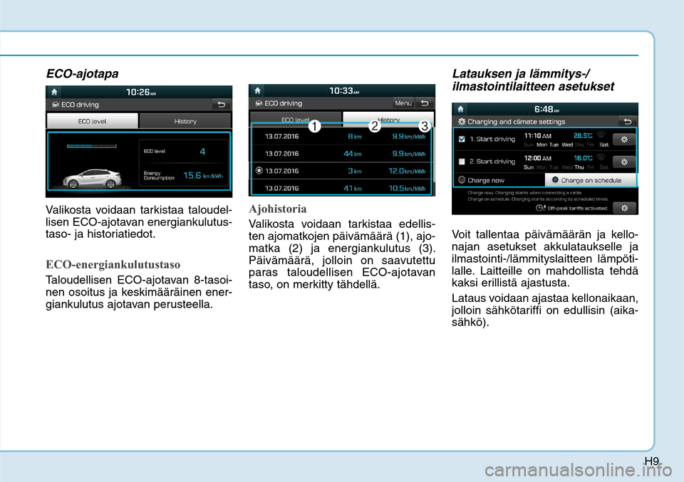 Hyundai Ioniq Electric 2017  Omistajan Käsikirja (in Finnish) H9
ECO-ajotapaValikosta voidaan tarkistaa taloudel-
lisen ECO-ajotavan energiankulutus-
taso- ja historiatiedot. ECO-energiankulutustasoTaloudellisen ECO-ajotavan 8-tasoi-
nen osoitus ja keskimäärä