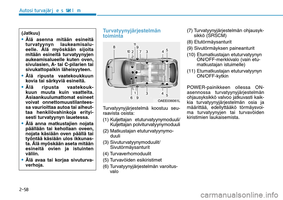 Hyundai Ioniq Electric 2017  Omistajan Käsikirja (in Finnish) �����"�V�U�P�T�J��U�V�S�W�B�KGÒ�S�K�F�T�U�F�M�NGÒ�U 
Turvatyynyjärjestelmän 
toiminta Turvatyynyjärjestelmä koostuu seu-
raavista osista:
(1)  Kuljettajan etuturvatyynymoduuli/ 
Kuljettajan