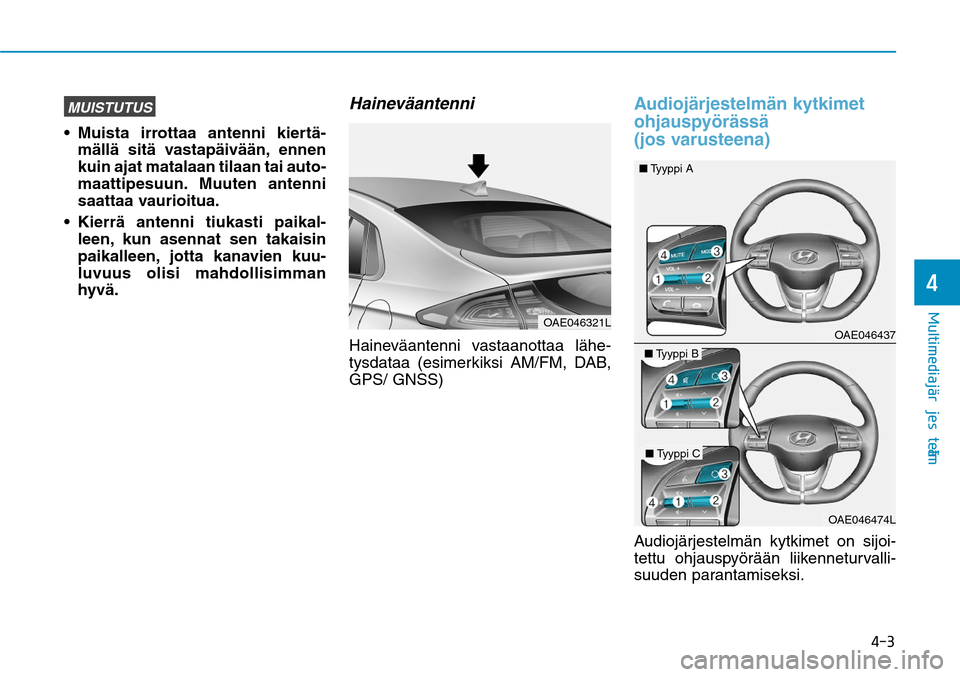 Hyundai Ioniq Electric 2017  Omistajan Käsikirja (in Finnish) ���
�.�V�M�U�J�N�F�E�J�B�KGÒ�S�K�F�T�U�F�M�NGÒ�
MUISTUTUS
mällä sitä vastapäivään, ennen 
kuin ajat matalaan tilaan tai auto-
maattipesuun. Muuten antenni 
saattaa vaurioitua.

leen, kun a