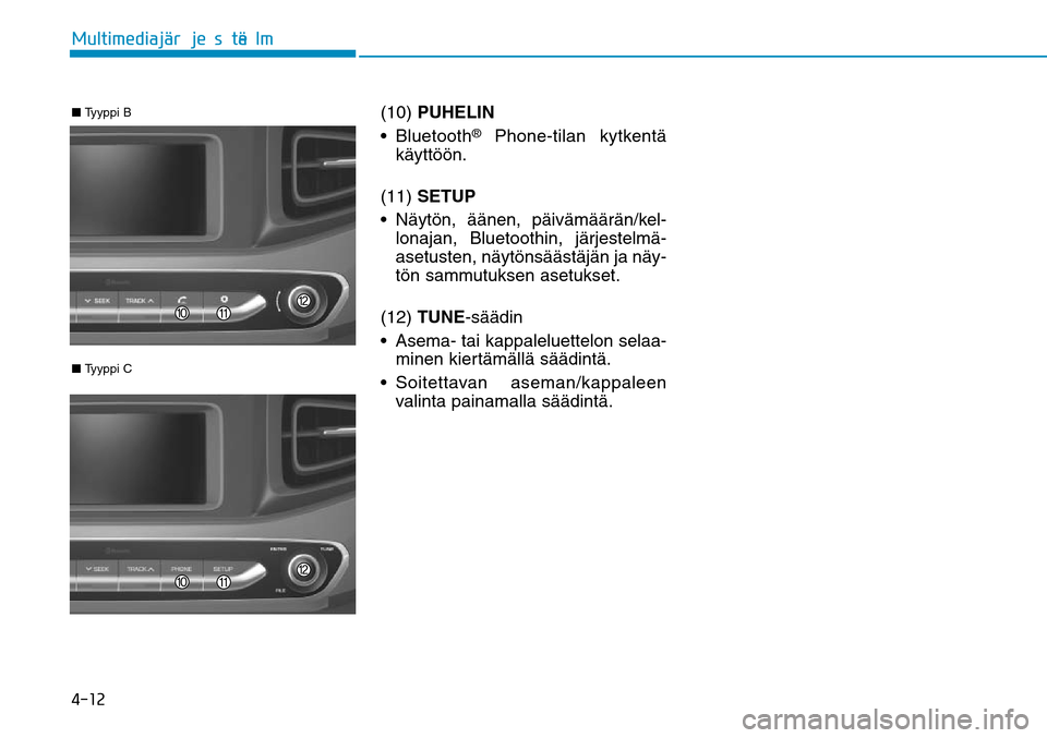 Hyundai Ioniq Electric 2017  Omistajan Käsikirja (in Finnish) �����.�V�M�U�J�N�F�E�J�B�KGÒ�S�K�F�T�U�F�M�NGÒ■ Tyyppi B
 
■ Tyyppi C
 (10) PUHELIN
  
® Phone-tilan kytkentä 
käyttöön.
(11) SETUP
  
lonajan, Bluetoothin, järjestelmä-
asetusten, n