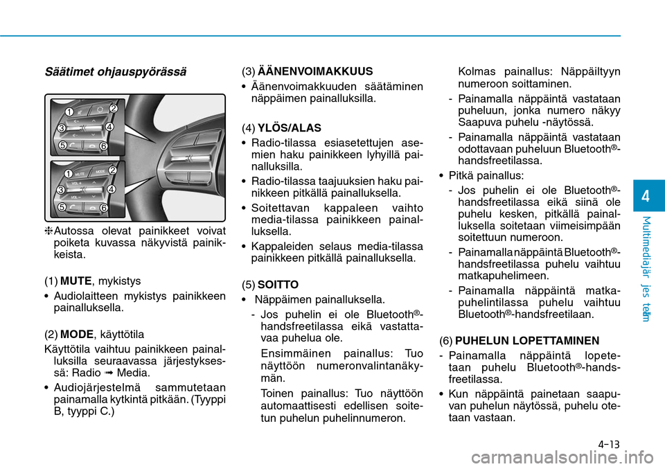 Hyundai Ioniq Electric 2017  Omistajan Käsikirja (in Finnish) ����
�.�V�M�U�J�N�F�E�J�B�KGÒ�S�K�F�T�U�F�M�NGÒ�
Säätimet ohjauspyörässä❈  Autossa olevat painikkeet voivat 
poiketa kuvassa näkyvistä painik-
keista.
(1)  
MUTE, mykistys

painallukse
