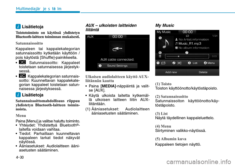 Hyundai Ioniq Electric 2017  Omistajan Käsikirja (in Finnish) �����.�V�M�U�J�N�F�E�J�B�KGÒ�S�K�F�T�U�F�M�NGÒi Lisätietoja 
Toistotoiminto on käytössä yhdistetyn 
Bluetooth-laitteen toiminnan mukaisesti.SatunnaissoittoKappaleen tai kappalekategorian 
sa