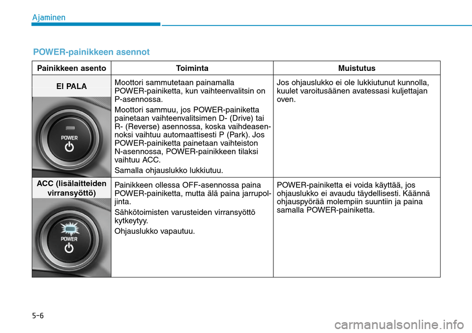 Hyundai Ioniq Electric 2017  Omistajan Käsikirja (in Finnish) ����"�K�B�N�J�O�F�OPOWER-painikkeen asennotPainikkeen asento Toiminta Muistutus
EI PALAMoottori sammutetaan painamalla 
POWER-painiketta, kun vaihteenvalitsin on 
P-asennossa.
Moottori sammuu, jos 