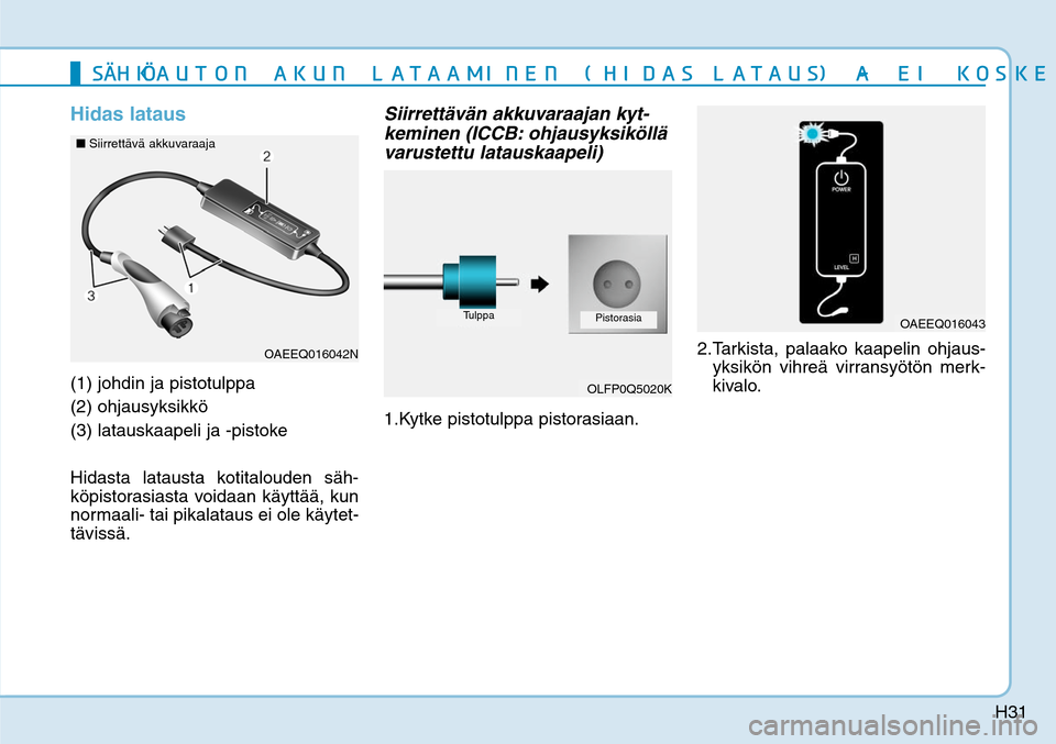 Hyundai Ioniq Electric 2017  Omistajan Käsikirja (in Finnish) H31
Hidas lataus(1) johdin ja pistotulppa 
(2) ohjausyksikkö
(3)  latauskaapeli ja -pistoke
Hidasta latausta kotitalouden säh-
köpistorasiasta voidaan käyttää, kun 
normaali- tai pikalataus ei o