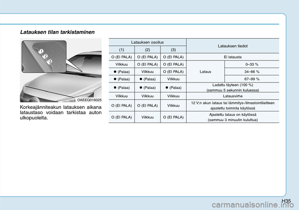 Hyundai Ioniq Electric 2017  Omistajan Käsikirja (in Finnish) H35
Latauksen tilan tarkistaminenKorkeajänniteakun latauksen aikana 
lataustaso voidaan tarkistaa auton 
ulkopuolelta.  
OAEEQ016025
Latauksen osoitus
Latauksen tiedot
(1) (2) (3)
O (EI PALA) O (EI P