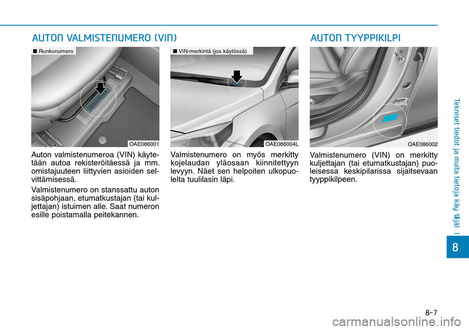 Hyundai Ioniq Electric 2017  Omistajan Käsikirja (in Finnish) ���
��5�F�L�O�J�T�F�U��U�J�F�E�P�U��K�B��N�V�J�U�B��U�J�F�U�P�K�B��LGÒ�Z�U�UGÒ�KGÒ�M�M�F
Auton valmistenumeroa (VIN) käyte-
tään autoa rekisteröitäessä ja mm. 
omistajuuteen liittyvi