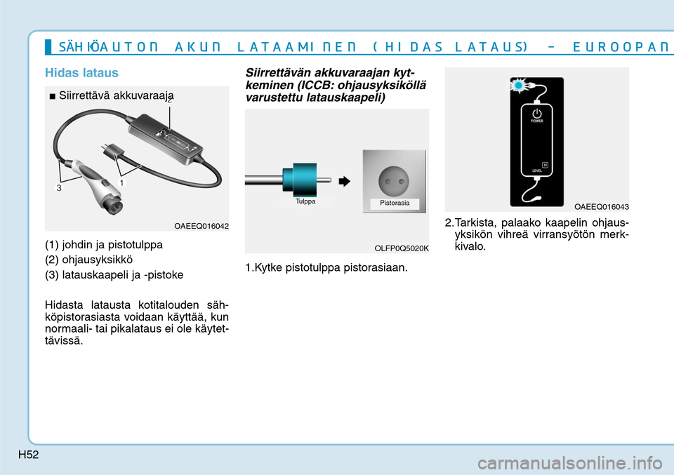 Hyundai Ioniq Electric 2017  Omistajan Käsikirja (in Finnish) H52
Hidas lataus(1) johdin ja pistotulppa 
(2) ohjausyksikkö
(3)  latauskaapeli ja -pistoke
Hidasta latausta kotitalouden säh-
köpistorasiasta voidaan käyttää, kun 
normaali- tai pikalataus ei o