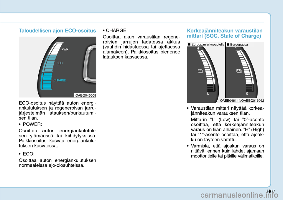 Hyundai Ioniq Electric 2017  Omistajan Käsikirja (in Finnish) H67
Taloudellisen ajon ECO-osoitusECO-osoitus näyttää auton energi-
ankulutuksen ja regeneroivan jarru-
järjestelmän latauksen/purkautumi-
sen tilan.

Osoittaa auton energiankulutuk-
sen ylämäe