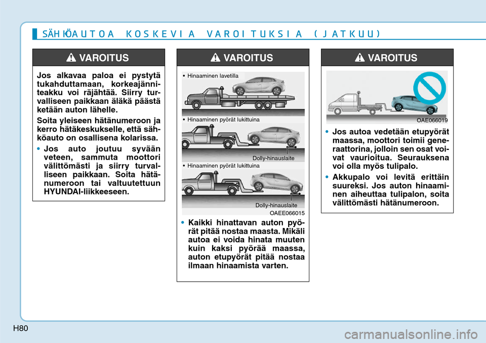 Hyundai Ioniq Electric 2017  Omistajan Käsikirja (in Finnish) H80
Jos alkavaa paloa ei pystytä 
tukahduttamaan, korkeajänni-
teakku voi räjähtää. Siirry tur-
valliseen paikkaan äläkä päästä 
ketään auton lähelle. 
Soita yleiseen hätänumeroon ja 