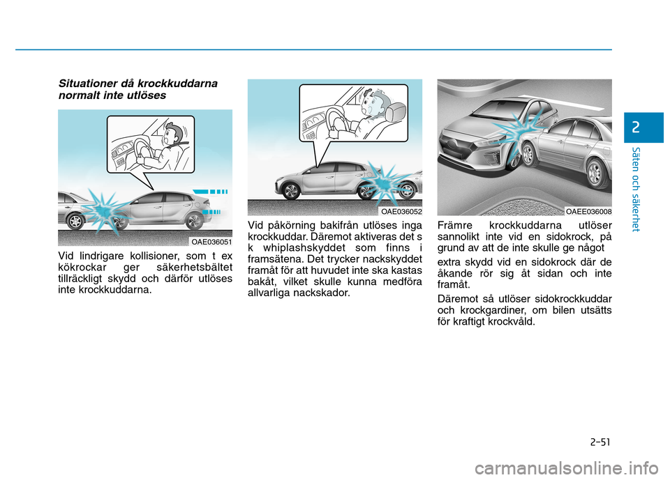 Hyundai Ioniq Electric 2017  Ägarmanual (in Swedish) 2-51
Säten och säkerhet 
2
Situationer då krockkuddarnanormalt inte utlöses
Vid lindrigare kollisioner, som t ex 
kökrockar ger säkerhetsbältet
tillräckligt skydd och därför utlöses
inte kr