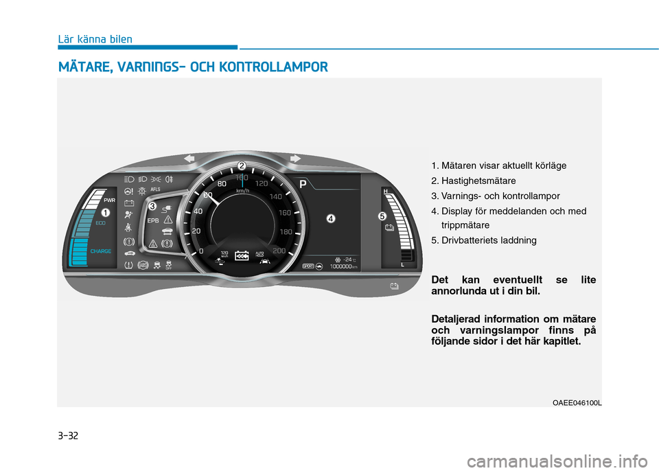 Hyundai Ioniq Electric 2017  Ägarmanual (in Swedish) 3-32
Lär känna bilenM
M ÄÄTTAA RREE,,   VV AA RRNN IINN GGSS--  OO CCHH   KK OO NNTTRR OO LLLLAA MM PPOO RR
OAEE046100L
Det kan eventuellt se lite annorlunda ut i din bil. 
Detaljerad information 