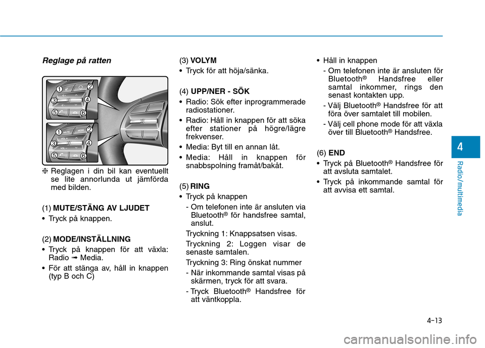 Hyundai Ioniq Electric 2017 Ägarmanual (in Swedish) 4-13
Radio/multimedia
4
Reglage på ratten
❈Reglagen i din bil kan eventuellt
se lite annorlunda ut jämförda med bilden.
(1) MUTE/STÄNG AV LJUDET
Tryck på knappen. (2) MODE/INSTÄLLNING
Tryck Hyundai Ioniq Electric 2017 Ägarmanual (in Swedish) 4-13
Radio/multimedia
4
Reglage på ratten
❈Reglagen i din bil kan eventuellt
se lite annorlunda ut jämförda med bilden.
(1) MUTE/STÄNG AV LJUDET
Tryck på knappen. (2) MODE/INSTÄLLNING
Tryck