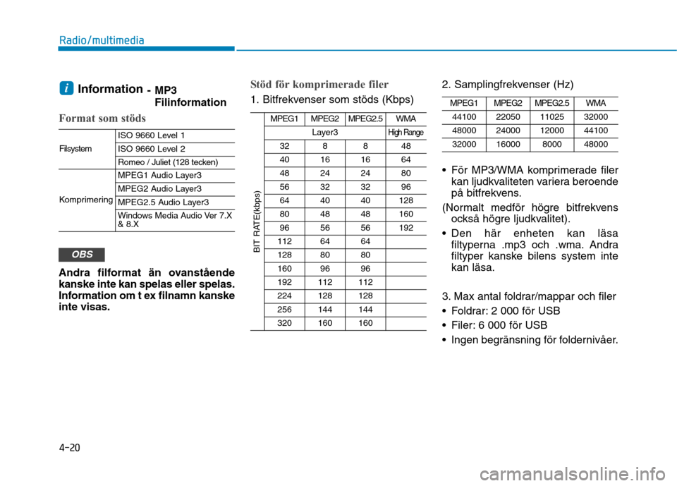 Hyundai Ioniq Electric 2017  Ägarmanual (in Swedish) 4-20
Radio/multimedia
Information- MP3
Filinformation
Format som stöds
Andra filformat än ovanstående kanske inte kan spelas eller spelas.
Information om t ex filnamn kanskeinte visas.
Stöd för k