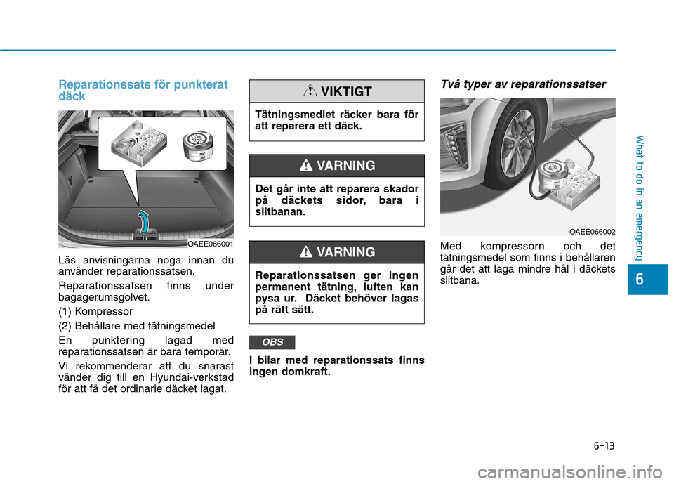Hyundai Ioniq Electric 2017  Ägarmanual (in Swedish) 6-13
What to do in an emergency
6
Reparationssats för punkterat 
däck
Läs anvisningarna noga innan du 
använder reparationssatsen. 
Reparationssatsen finns under 
bagagerumsgolvet. 
(1) Kompressor
