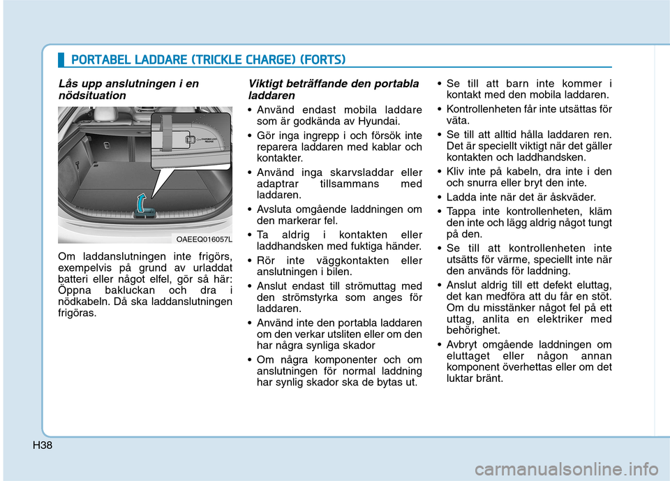 Hyundai Ioniq Electric 2017  Ägarmanual (in Swedish) H38
PPOO RRTTAA BBEELL  LL AA DDDDAA RREE  (( TT RR IICC KK LLEE   CC HH AARRGG EE))  (( FF OO RRTTSS))
Lås upp anslutningen i en
nödsituation
Om laddanslutningen inte frigörs, 
exempelvis på grun