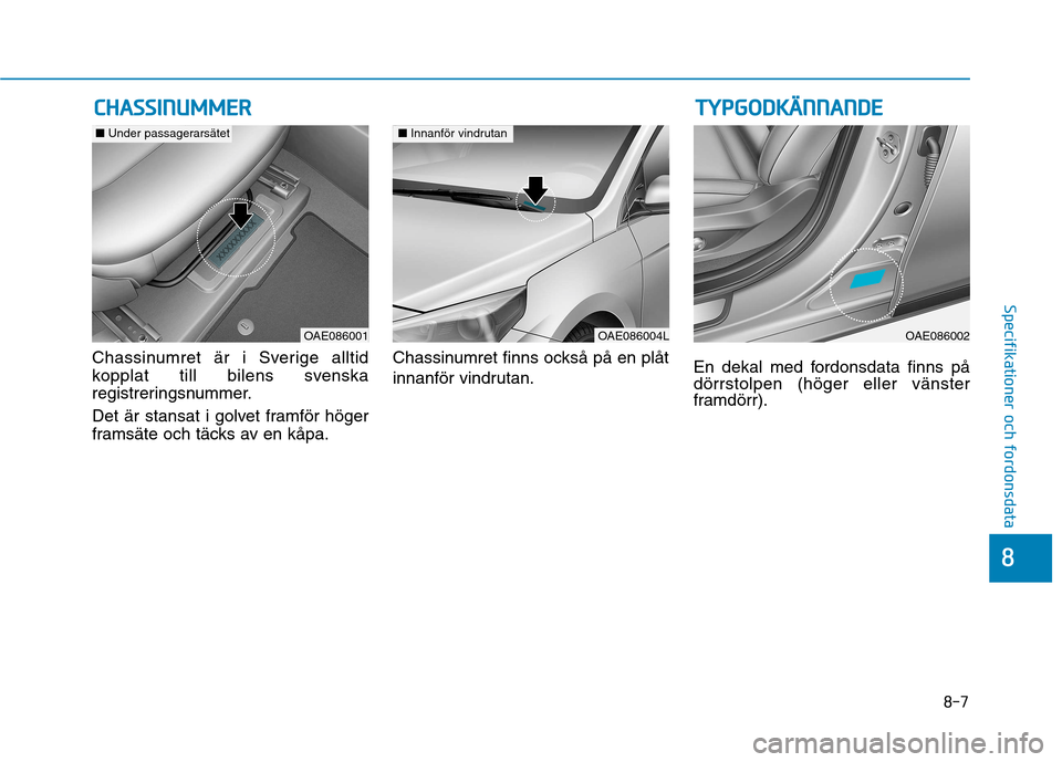 Hyundai Ioniq Electric 2017  Ägarmanual (in Swedish) 8-7
8
Specifikationer och fordonsdata 
Chassinumret är i Sverige alltid 
kopplat till bilens svenska
registreringsnummer. 
Det är stansat i golvet framför höger 
framsäte och täcks av en kåpa.C