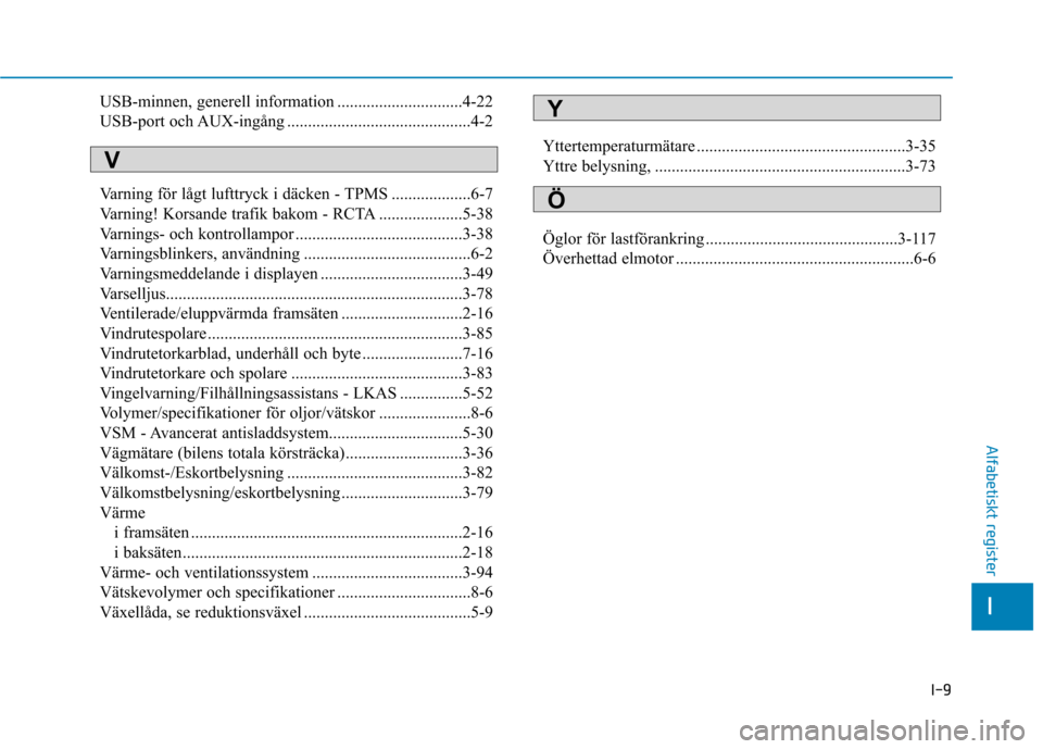 Hyundai Ioniq Electric 2017 Ägarmanual (in Swedish) I-9
USB-minnen, generell information ..............................4-22
USB-port och AUX-ingång ............................................4-2
Varning för lågt lufttryck i däcken - TPMS ....... Hyundai Ioniq Electric 2017 Ägarmanual (in Swedish) I-9
USB-minnen, generell information ..............................4-22
USB-port och AUX-ingång ............................................4-2
Varning för lågt lufttryck i däcken - TPMS .......