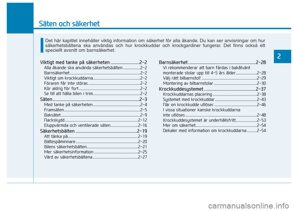 Hyundai Ioniq Electric 2017  Ägarmanual (in Swedish) Säten och säkerhet
2
Viktigt med tanke på säkerheten ........................2-2Alla åkande ska använda säkerhetsbälten .................2-2 
Barnsäkerhet ....................................