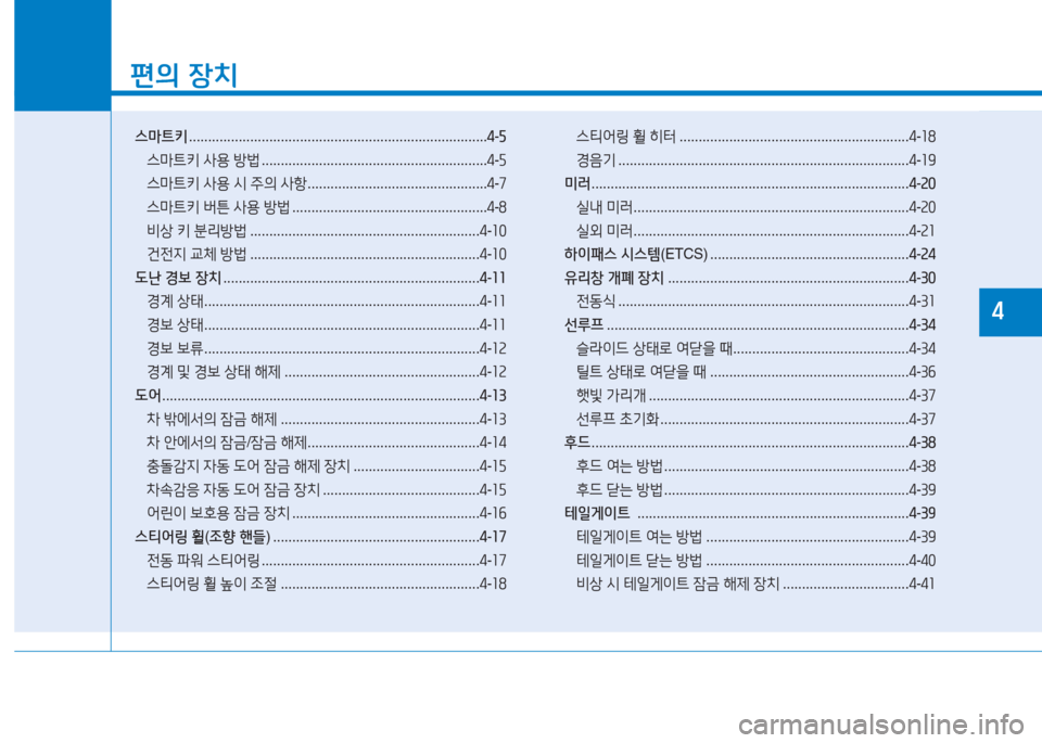 Hyundai Ioniq Electric 2017  아이오닉 Electric - 사용 설명서 (in Korean) 소
편의 장치
스마트키  .............................................................................. 4-5
스&P?@키  사용  방)  ..........................................................