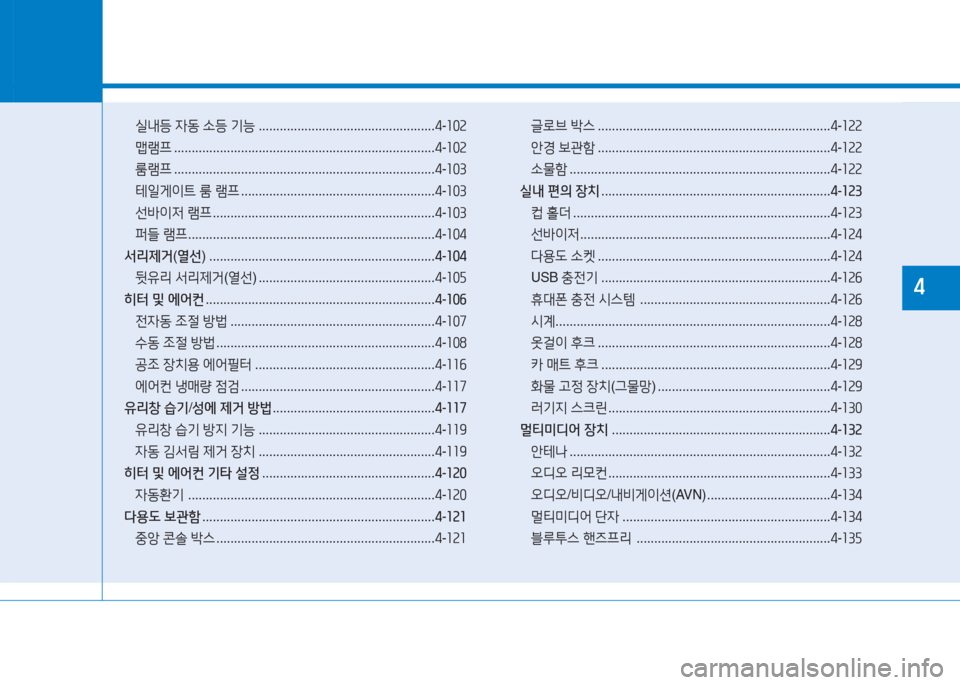 Hyundai Ioniq Electric 2017  아이오닉 Electric - 사용 설명서 (in Korean) 소/l내등 4동  .등  기-  .................................................. 4-좌좋속
 
맵$0프  .......................................................................... 4-좌좋속
 
룸