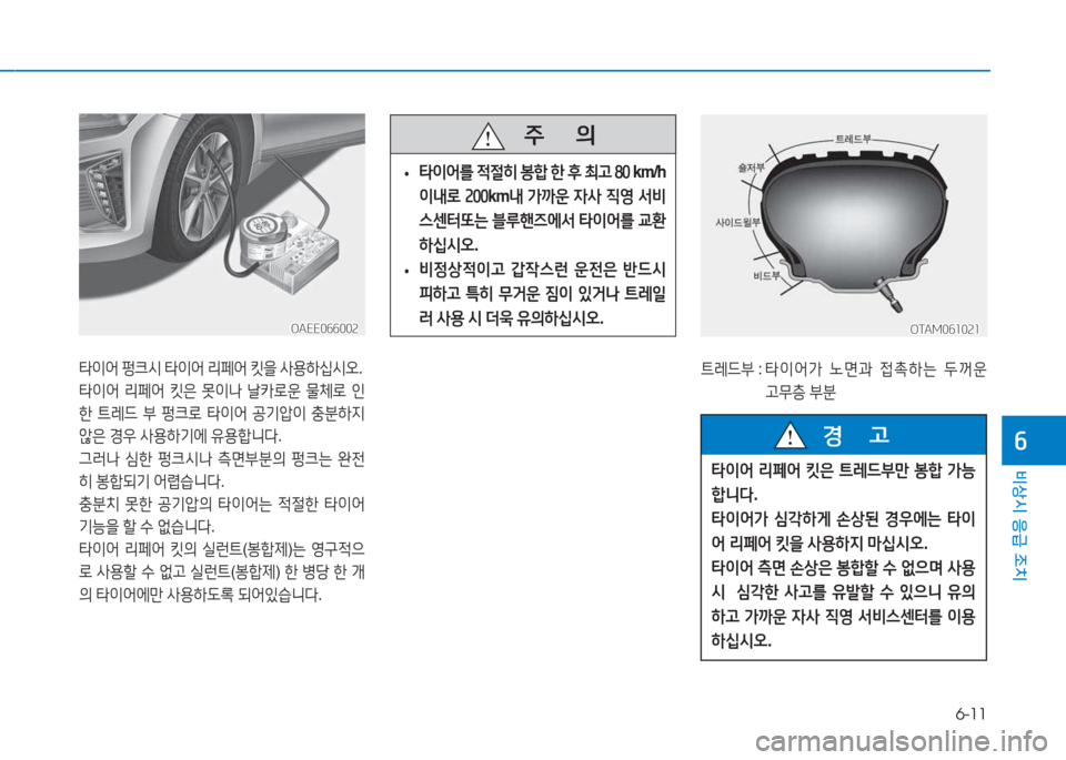 Hyundai Ioniq Electric 2017  아이오닉 Electric - 사용 설명서 (in Korean) 6-11
비상시 응급 조치
작
OAEE066002OAEE066002
타이어 펑크/d  타이어  리페어  킷을  사용하/u/d오 .
타이어  리페어  킷은  못이나  날카$