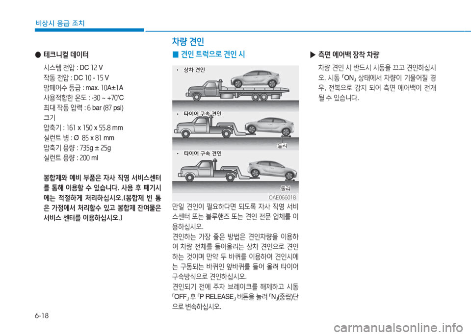 Hyundai Ioniq Electric 2017  아이오닉 Electric - 사용 설명서 (in Korean) 6-18
비상시 응급 조치
 
● 테크니컬  데이터  
 /d스템  전1