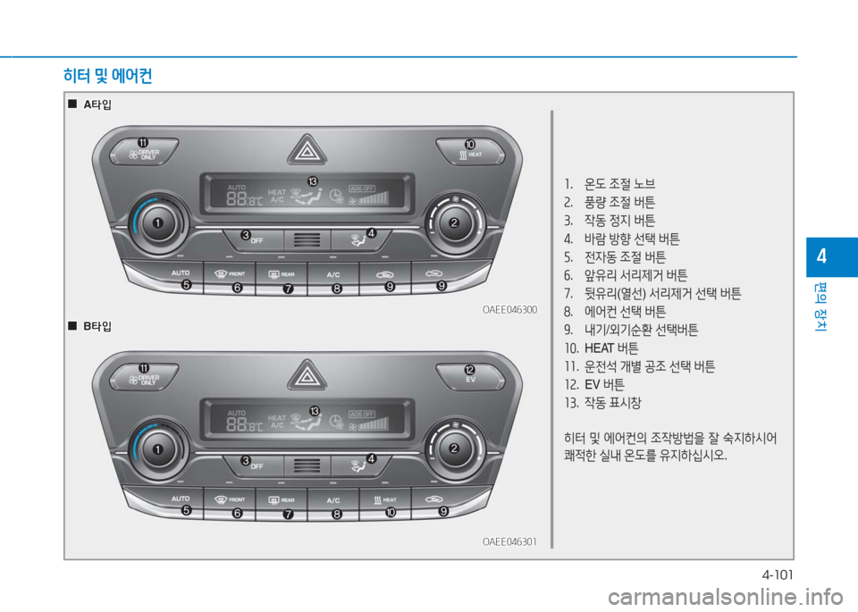 Hyundai Ioniq Electric 2016  아이오닉 Electric - 사용 설명서 (in Korean) 4-101
편의 장치
4
1. 온도 조절 노브
2. 풍량 조절 버튼
3. 작동 정지 버튼
4. 바람 방향 선택 버튼
5. 전자동 조절 버튼
6. 앞유리 서리제거 버튼
7. 뒷유리(
