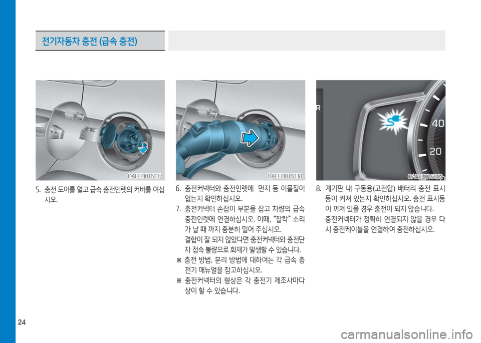 Hyundai Ioniq Electric 2016  아이오닉 Electric - 사용 설명서 (in Korean) 24
5. 충전 도어를 열고 급속 충전인렛의 커버를 여십
시오.
6. 충전커넥터와 충전인렛에  먼지 등 이물질이 
없는지 확인하십시오. 
7. 충전커넥터 손잡