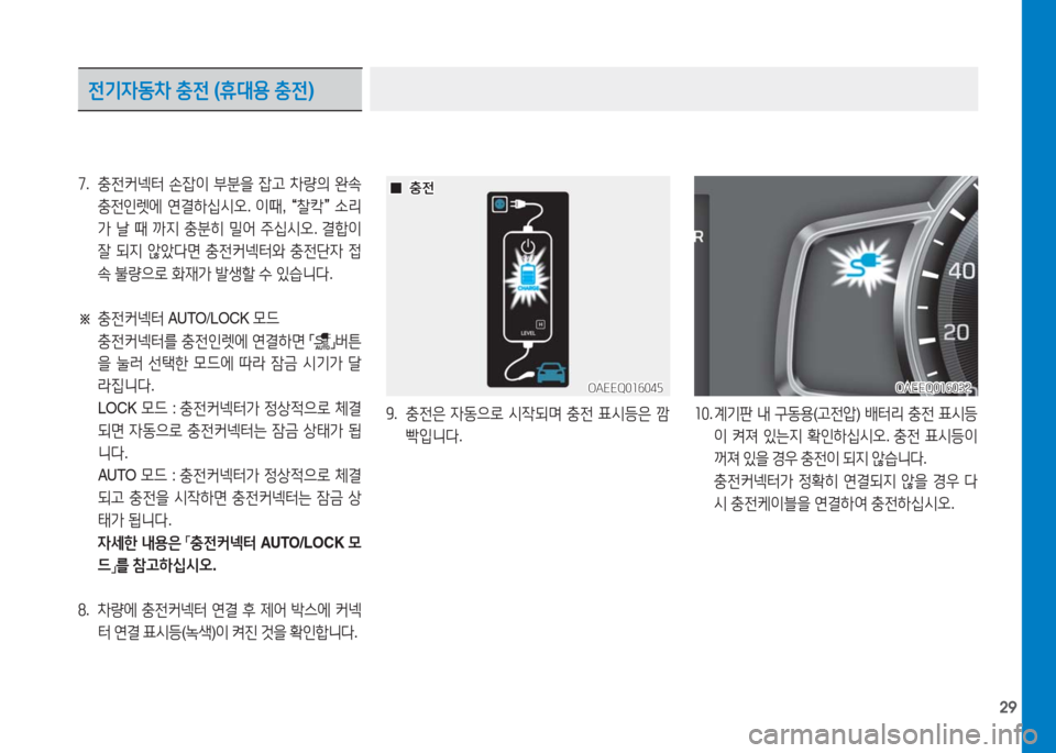Hyundai Ioniq Electric 2016  아이오닉 Electric - 사용 설명서 (in Korean) 29
9.   충전은 자동으로 시작되며 충전 표시등은 깜
빡입니다.
7.   충전커넥터 손잡이 부분을 잡고 차량의 완속 
충전인렛에 연결하십시오. 이때, “찰
