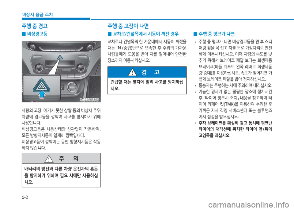Hyundai Ioniq Electric 2016  아이오닉 Electric - 사용 설명서 (in Korean) 6-2
비상시 응급 조치
주행 중 경고 주행 중 고장이 나면
 0비상경고등
차량의 고장, 예기치 못한 상황 등의 비상시 주위 
차량에 경고등을 깜빡여 사고