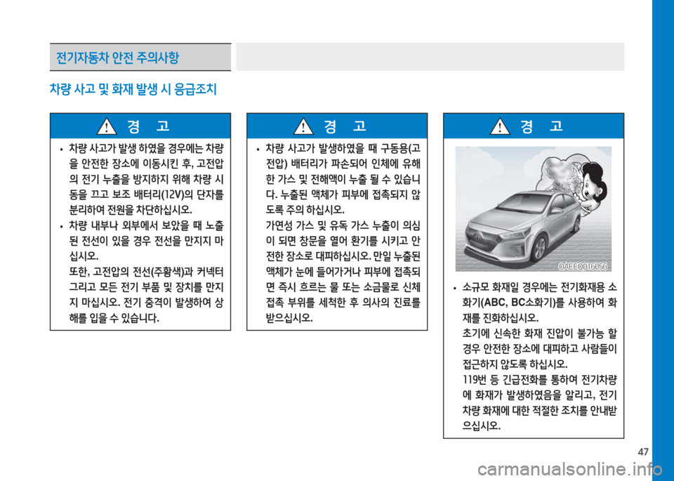 Hyundai Ioniq Electric 2016  아이오닉 Electric - 사용 설명서 (in Korean) 47
 •소규모 화재일 경우에는 전기화재용 소
화기(ABC,  BC소화기)를 사용하여 화
재를 진화하십시오.
 초기에 신속한 화재 진압이 불가능 할 
경우 안전