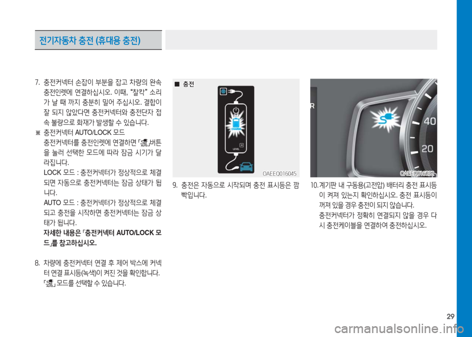 Hyundai Ioniq Electric 2016  아이오닉 Electric - 사용 설명서 (in Korean) 29
9.   충전은 자동으로 시작되며 충전 표시등은 깜
빡입니다.
7.   충전커넥터 손잡이 부분을 잡고 차량의 완속 
충전인렛에 연결하십시오. 이때, “찰