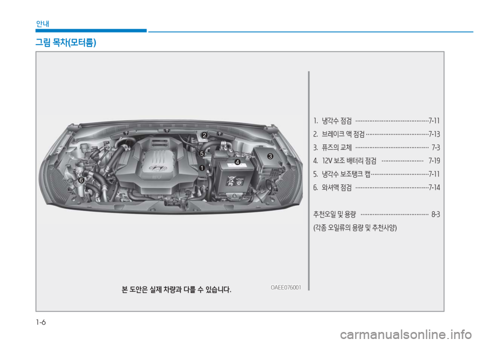 Hyundai Ioniq Electric 2016  아이오닉 Electric - 사용 설명서 (in Korean) 1-6
안내
1.   냉각수 점검  ……………………………………7-11
2.   브레이크 액 점검 ………………………………7-13
3.   퓨즈의 교체 ………………………