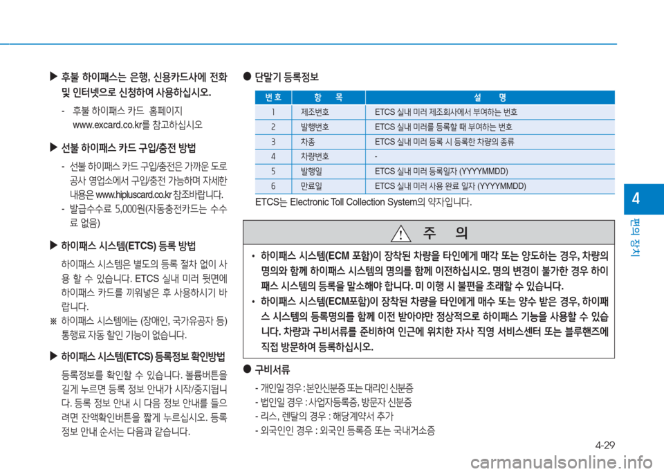 Hyundai Ioniq Electric 2016  아이오닉 Electric - 사용 설명서 (in Korean) 4-29
편의 장치
4
 ▶후불 하이패스는 은행, 신용카드사에 전화 
및 인터넷으로 신청하여 사용하십시오. 
- 후불 하이패스 카드  홈페이지 
 www.excard.co.kr