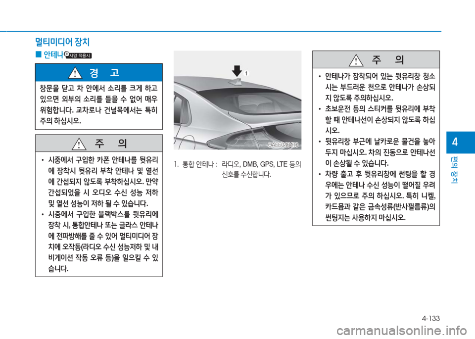 Hyundai Ioniq Electric 2016  아이오닉 Electric - 사용 설명서 (in Korean) 4-133
편의 장치
4
멀티미디어 장치
 0안테나
OAEE046410OAEE046410
1.   통합 안테나 :   라디오,  DMB,  GPS,  LTE 등의 
신호를 수신합니다. 
   주       의
 •시중에