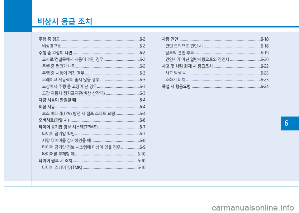 Hyundai Ioniq Electric 2016  아이오닉 Electric - 사용 설명서 (in Korean) 1
비상시 응급 조치
주행 중 경고 . . . . . . . . . . . . . . . . . . . . . . . . . . . . . . . . . . . . . . . . . . . . . . . . . . . . . . . . . . . . . . . . . . . . . . . .6-2
비상경