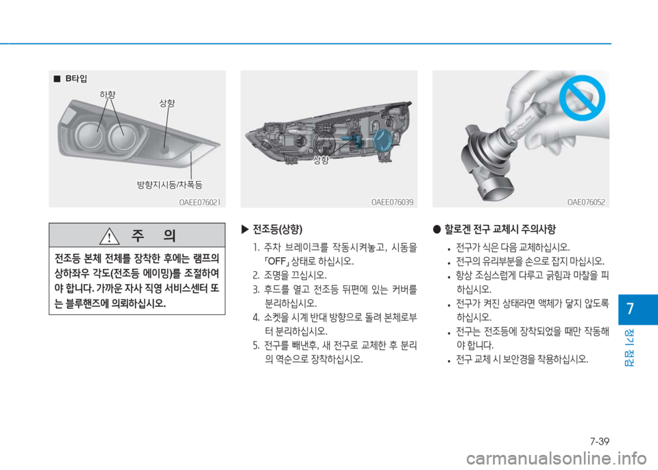 Hyundai Ioniq Electric 2016  아이오닉 Electric - 사용 설명서 (in Korean) 7-39
정기 점검
7
OAEE076021OAEE076021
  00B타입B타입
상향상향
방향지시등/차폭등방향지시등/차폭등
   주       의
전조등 본체 전체를 장착한 후에는 램프의