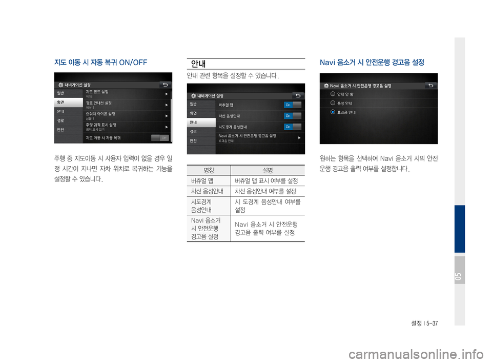 Hyundai Ioniq Electric 2016  표준4 내비게이션 (in Korean) 설정 I 5-37
지도 이동 시 자동 복귀 ON/OFF
주행	중	지도이동	 시	사용자	 입력이	없을	경우	일
정	시간이	 지나면	자차	위치로	 복귀하는 	기능을 	
설정할	