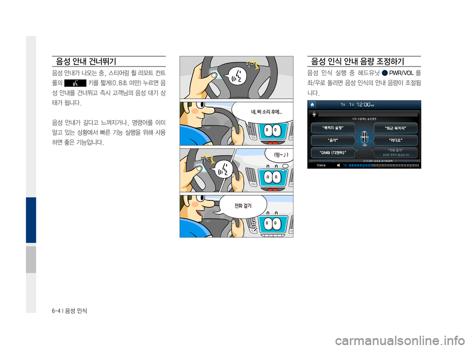 Hyundai Ioniq Electric 2016  표준4 내비게이션 (in Korean) 6-4 I 음성 인식
음 성 안내 건너뛰기
음성	안내가	 나오는	중,	스티어링	 휠	리모트	 컨트
롤의		키를	짧게(0.8초	 미만)	누르면	 음
성	안내를	 건너뛰고	 