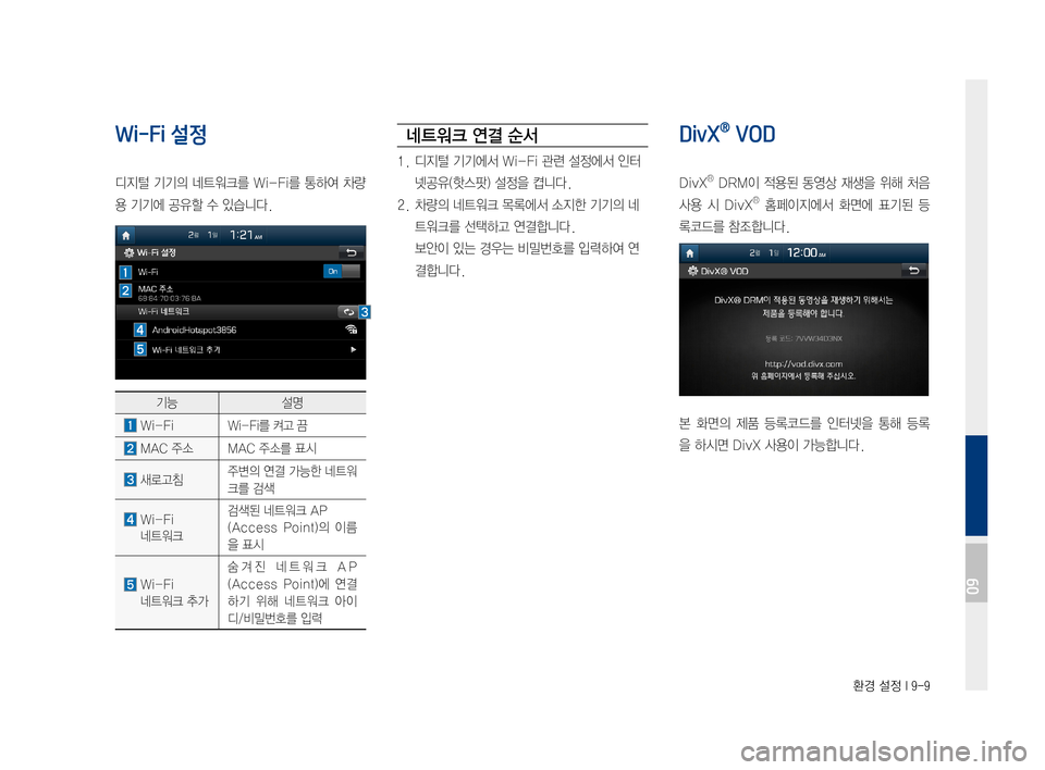 Hyundai Ioniq Electric 2016  표준4 내비게이션 (in Korean) 환경 설정 I 9-9
Wi-Fi 설정 
디지털	기기의	네트워크를	 Wi-Fi를	통하여	차량
용	기기에	공유할	수	있습니다.
기능설명
	Wi-FiWi-Fi를	켜고	끔
	MAC	주소MAC	주소