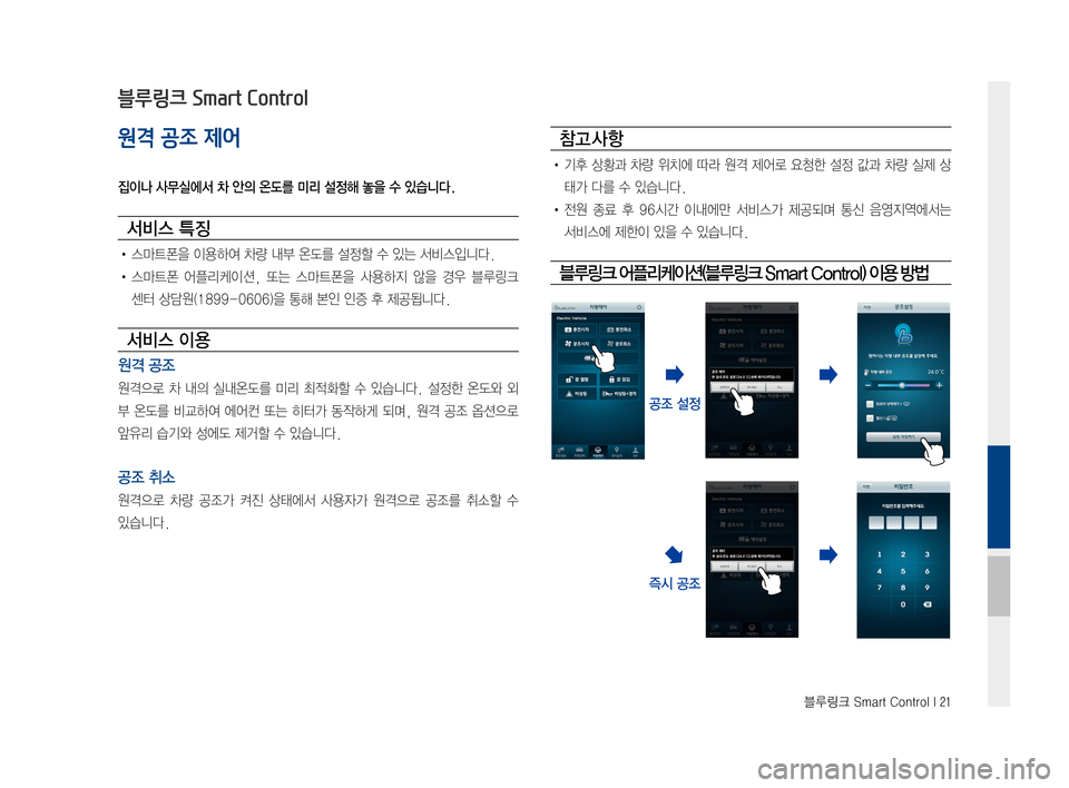 Hyundai Ioniq Electric 2016  표준4 내비게이션 (in Korean) 블루링크 Smart Control I 21
원격 공조 제어
집이나 사무실에서 차 안의 온도를 미리 설정해 놓을 수 있습니다.
서비스 특징
•	스마트폰을	이용하여	차량	