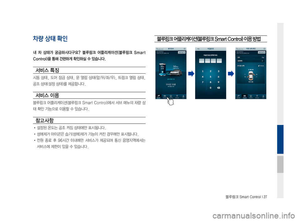 Hyundai Ioniq Electric 2016  표준4 내비게이션 (in Korean) 블루링크 Smart Control I 27
차량 상태 확인
내  차  상태가  궁금하시다구요?  블루링크  어플리케이션(블루링크  Smart 
Control)을 통해 간편하게 확인하실 수