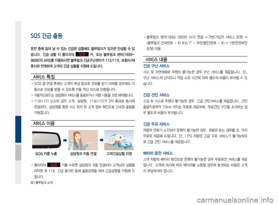 Hyundai Ioniq Electric 2016  표준4 내비게이션 (in Korean) 30 I 블루링크 소개
SOS 긴급 출동
운전  중에  일어  날  수  있는  긴급한  상황에도  블루링크가  있으면  안심할  수  있
습니다.  긴급  상황  시  룸미러