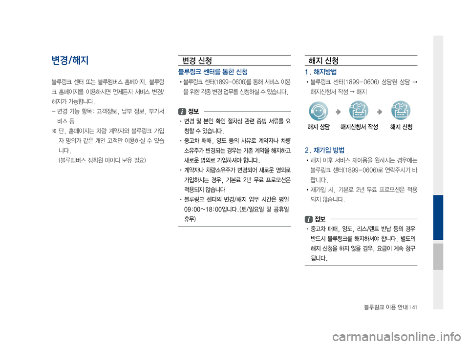 Hyundai Ioniq Electric 2016  표준4 내비게이션 (in Korean) 블루링크 이용 안내 I 41
변경/해지
블루링크	센터	또는	블루멤버스	 홈페이지,	블루링
크	홈페이지를	 이용하시면	언제든지	서비스	변경/
해지가	가능