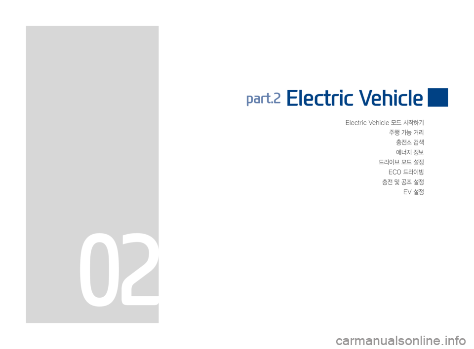 Hyundai Ioniq Electric 2016  표준4 내비게이션 (in Korean) Electric	Vehicle	모드	시작하기
주행	가능	거리
충전소	검색
에너지	정보
드라이브	모드	설정
ECO	드라이빙
충전	및	공조	설정
EV	설정
part.2 Electric Vehicle
02 