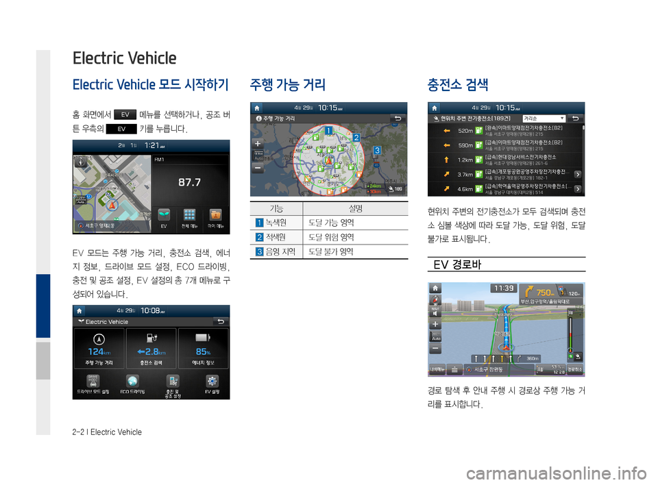 Hyundai Ioniq Electric 2016  표준4 내비게이션 (in Korean) 2-2 I Electric Vehicle
Electric Vehicle 모드 시작하기
홈	화면에서	EV	메뉴를	 선택하거나,	 공조	버
튼	우측의	EV	키를	누릅니다.
EV	모드는	 주행	가능	거리,	 충�